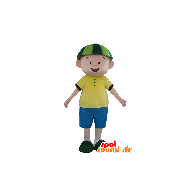 Pojkemaskot, i blå och gul outfit, med en grön hatt - Spotsound