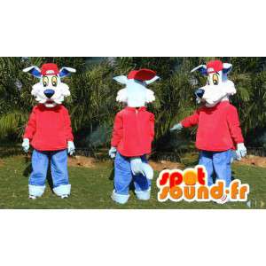 Blue pes maskot oblečený v červené barvě - všechny velikosti - MASFR006580 - psí Maskoti