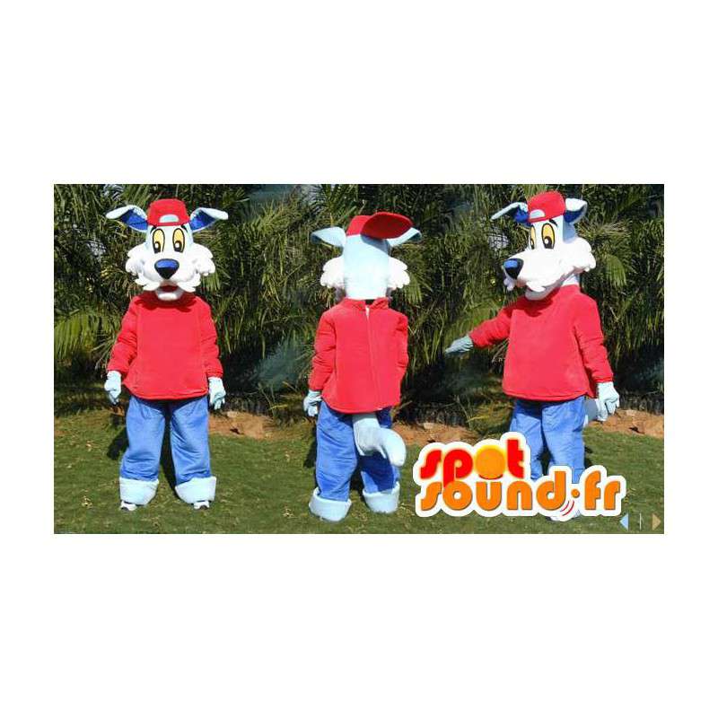 Blå hund maskot kledd i rødt - alle størrelser - MASFR006580 - Dog Maskoter