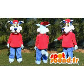 μπλε μασκότ σκυλί ντυμένος στα κόκκινα - όλα τα μεγέθη - MASFR006580 - Μασκότ Dog