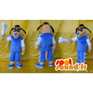 Óculos mascote cão marrom com uma roupa azul - MASFR006581 - Mascotes cão