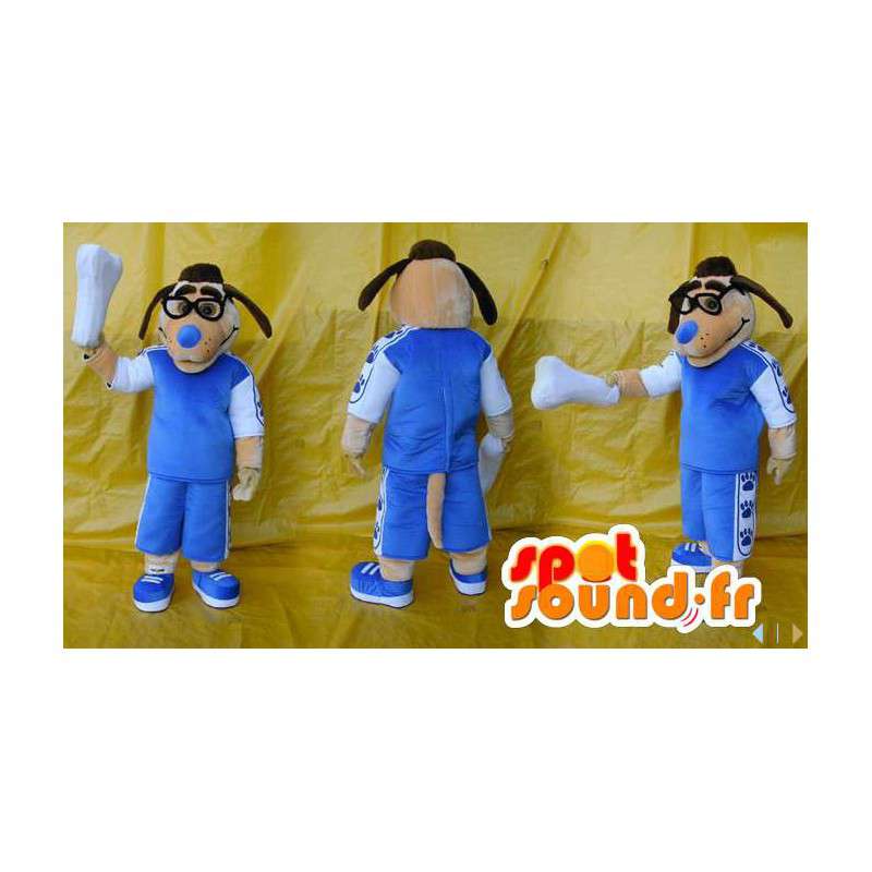 Brun hundemaskot med briller med blåt tøj - Spotsound maskot