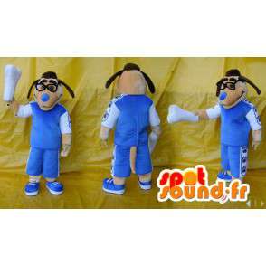 Mascotte de chien marron à lunettes avec une tenue bleue - MASFR006581 - Mascottes de chien