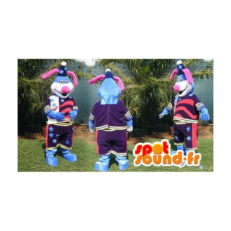 Mascotte de lapin bleu en tenue coloré, avec des étoiles - MASFR006582 - Mascotte de lapins