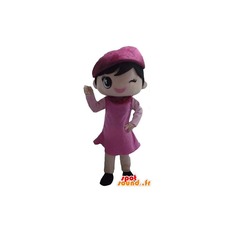 Flirtatious girl mascot dressed in a pink dress - MASFR23964 - Mascots boys and girls