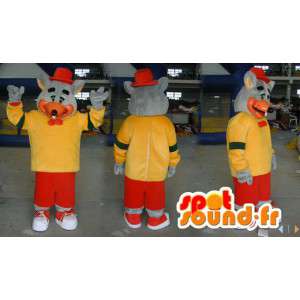 Grijze muis mascotte houdt geel en rood - MASFR006584 - Mouse Mascot
