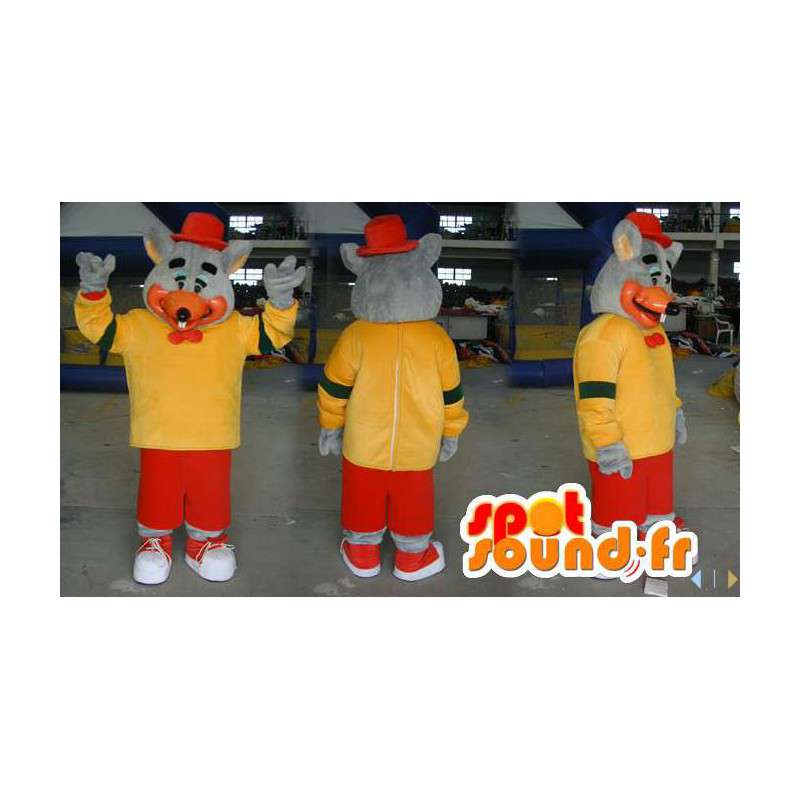 Grijze muis mascotte houdt geel en rood - MASFR006584 - Mouse Mascot