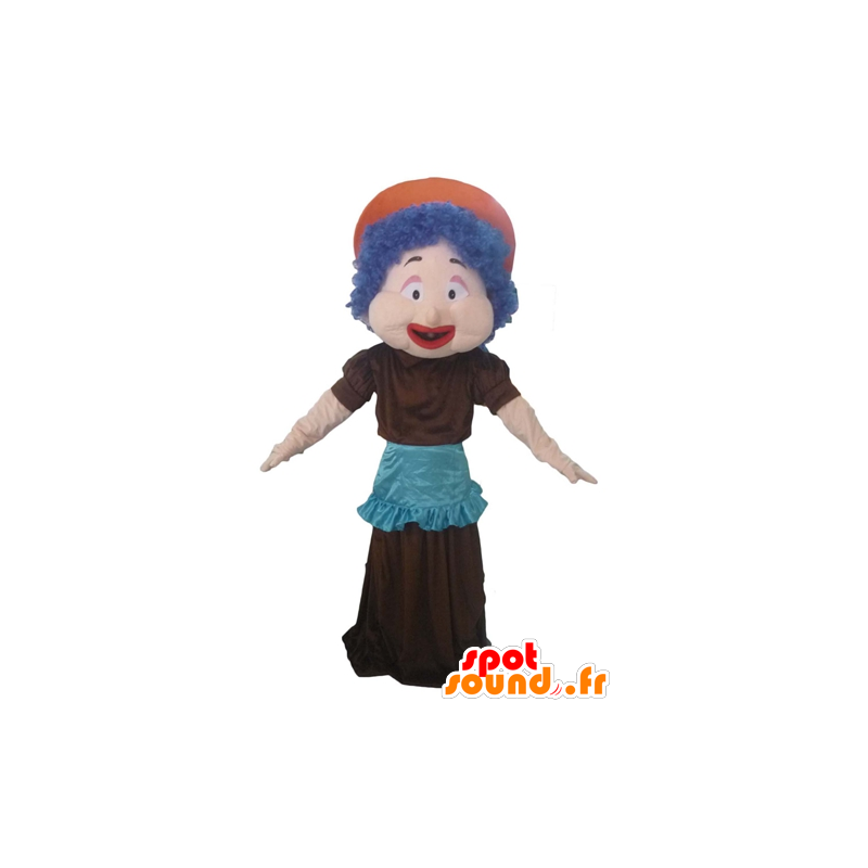Donna della mascotte con i capelli blu, un vestito e grembiule - MASFR23975 - Donna di mascotte
