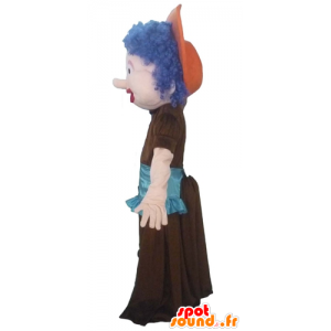 Maskottkvinna, med blått hår, en klänning och ett förkläde -