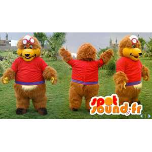 Mascot urso pardo no equipamento vermelho com óculos de aviador - MASFR006587 - mascote do urso