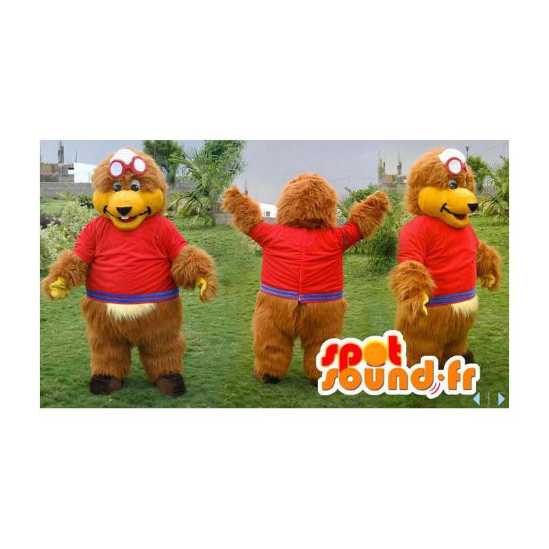 Brown bear mascot in red outfit with aviator sunglasses - MASFR006587 - Bear mascot