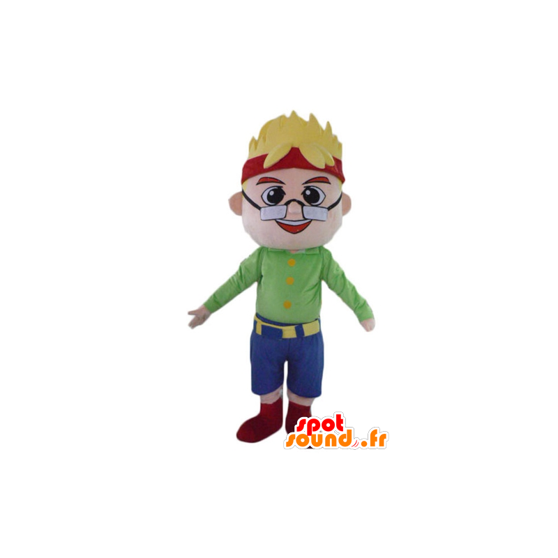 Blond drengeman maskot med briller og pandebånd - Spotsound