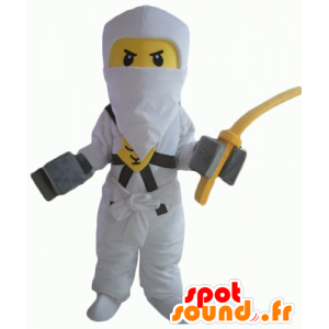 Lego samurai maskot, gul og hvid, med en balaclava - Spotsound