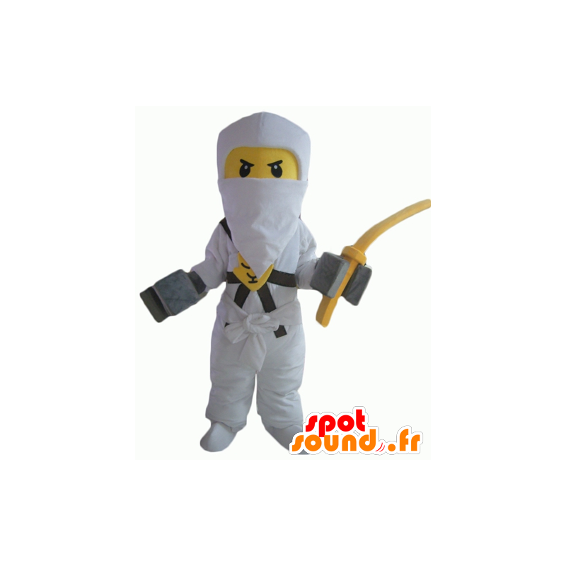 Lego mascotte samurai, geel en wit, met een kap - MASFR23996 - Celebrities Mascottes