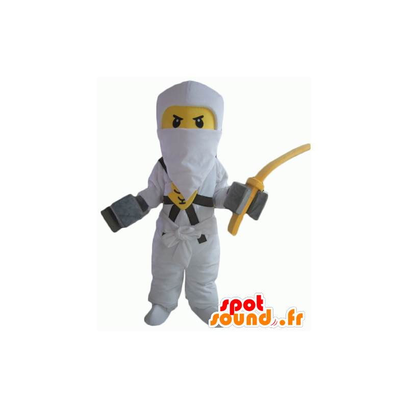 Lego samurai maskot, gul og hvid, med en balaclava - Spotsound