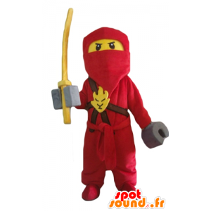 Lego mascotte samurai, rood en geel met een kap - MASFR23997 - Celebrities Mascottes
