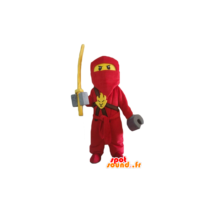 Lego mascotte samurai, rood en geel met een kap - MASFR23997 - Celebrities Mascottes