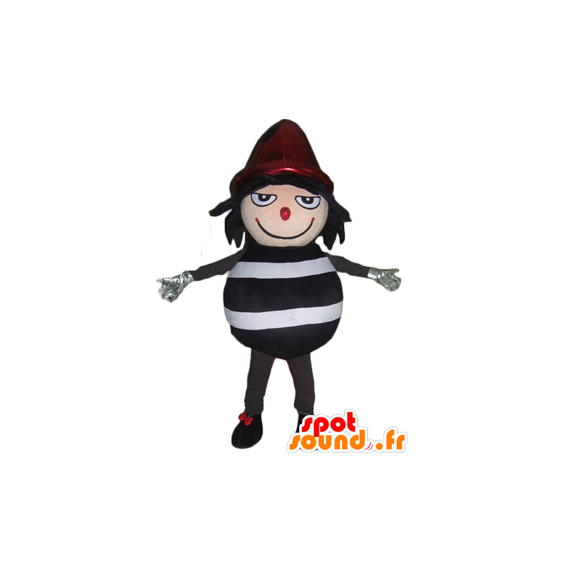 Mascotte de bonhomme rayé noir et blanc, avec un bonnet rouge - MASFR24008 - Mascottes non-classées