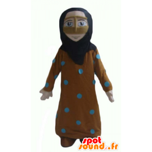 Mascotte orientale, una donna velata, vestita in arancione e blu - MASFR24009 - Donna di mascotte