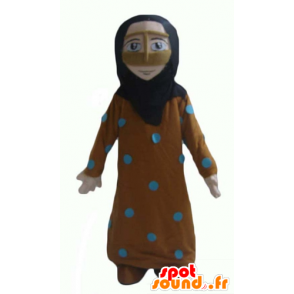 Mascotte orientale, de femme voilée, habillée en orange et bleu - MASFR24009 - Mascottes Femme