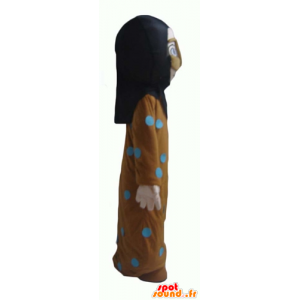 Orientalisk maskot, slöjd kvinna, klädd i orange och blått -