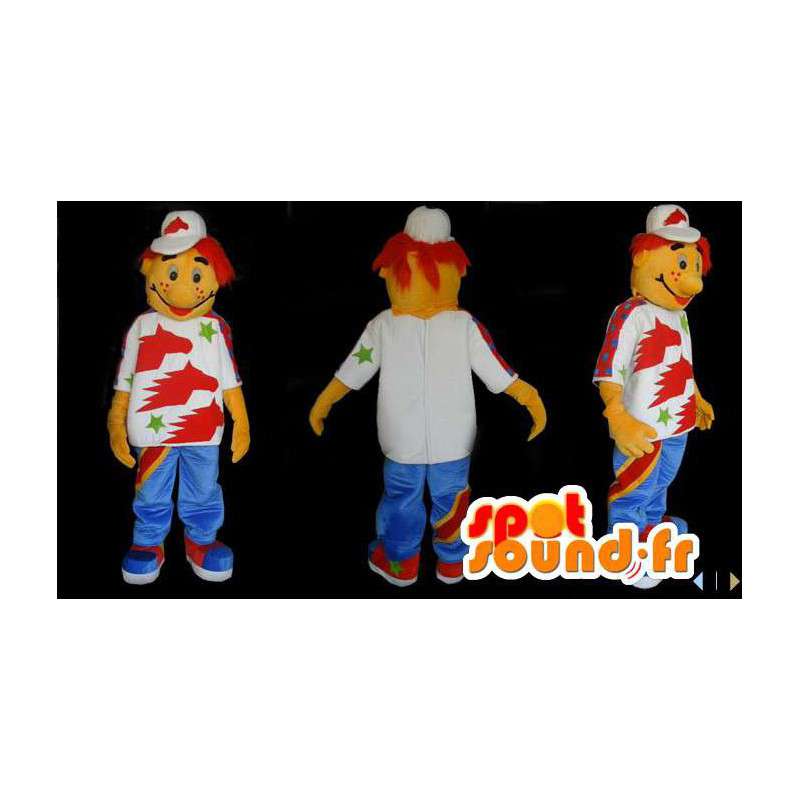 Menino mascote sorrindo roupa colorida - todos os tamanhos - MASFR006594 - Mascotes Boys and Girls