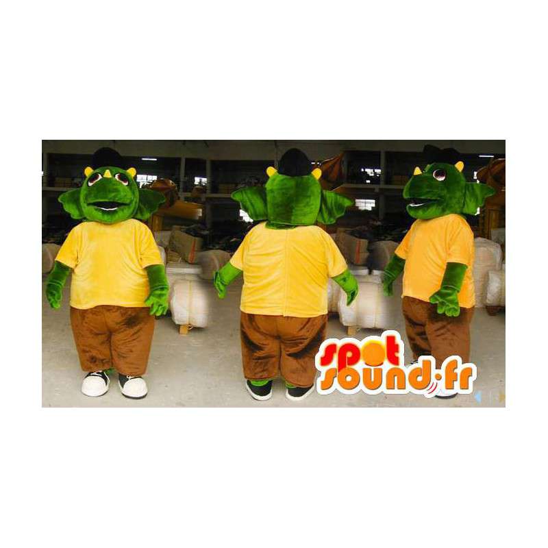 Mascot groen en geel dinosaurus. draakkostuum - MASFR006595 - Dragon Mascot