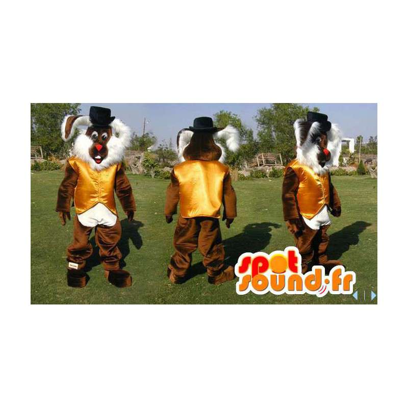 Bruin en wit konijn mascotte, behaard. konijnenpak - MASFR006597 - Mascot konijnen
