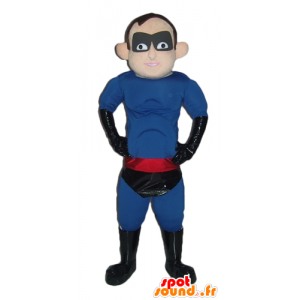 Mascote super-herói no equipamento azul, preto e vermelho - MASFR24027 - super-herói mascote