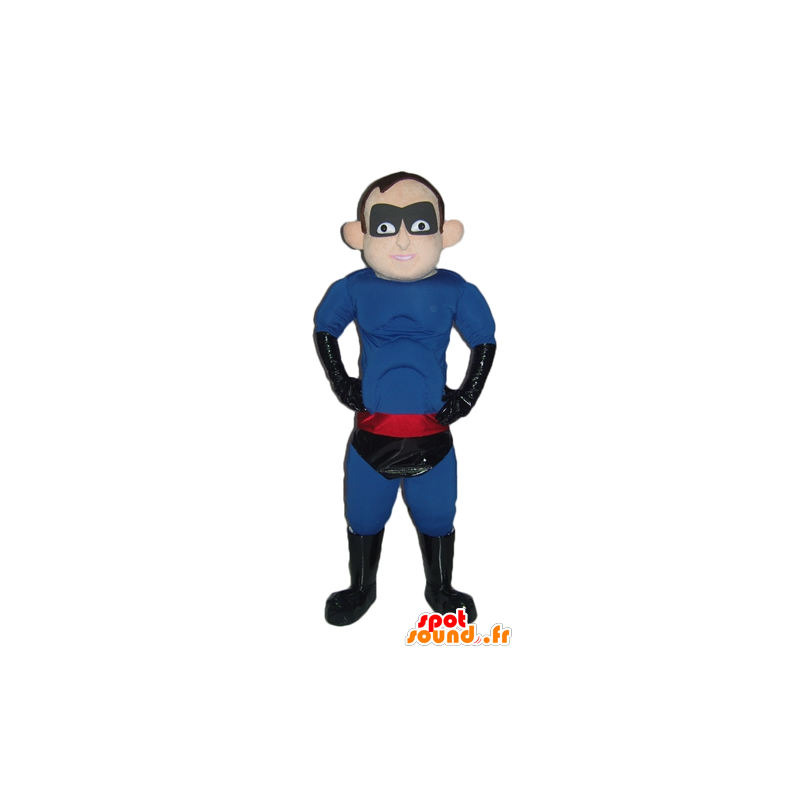 Mascote super-herói no equipamento azul, preto e vermelho - MASFR24027 - super-herói mascote