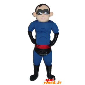 superhero μασκότ σε μπλε στολή, μαύρο και κόκκινο - MASFR24027 - superhero μασκότ