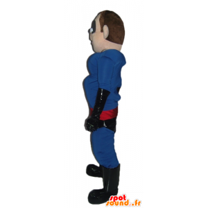 Mascote super-herói no equipamento azul, preto e vermelho - MASFR24027 - super-herói mascote