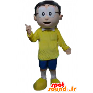 Homem Mascot com óculos e uma roupa amarela e azul - MASFR24029 - Mascotes homem