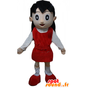 Liten flickamaskot, i röd och vit outfit - Spotsound maskot