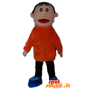 Jongen mascotte oranje en zwarte outfit, glimlachend in de lucht - MASFR24035 - Mascottes Boys and Girls