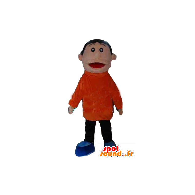 Chłopiec maskotka pomarańczowy i czarny strój, uśmiecha się na powietrzu - MASFR24035 - Maskotki Boys and Girls