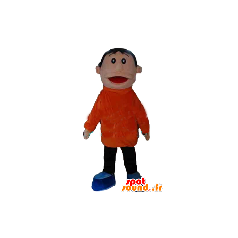 Jongen mascotte oranje en zwarte outfit, glimlachend in de lucht - MASFR24035 - Mascottes Boys and Girls