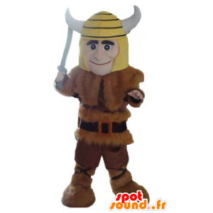 Viking mascot in animal skin with a yellow helmet - MASFR24037 - Mascots of soldiers