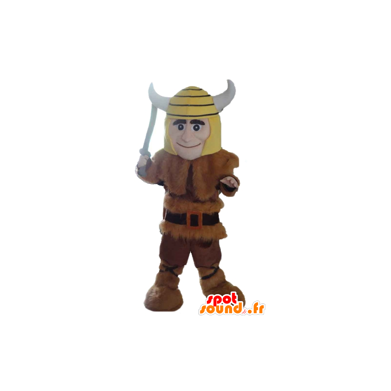 Viking mascot in animal skin with a yellow helmet - MASFR24037 - Mascots of soldiers