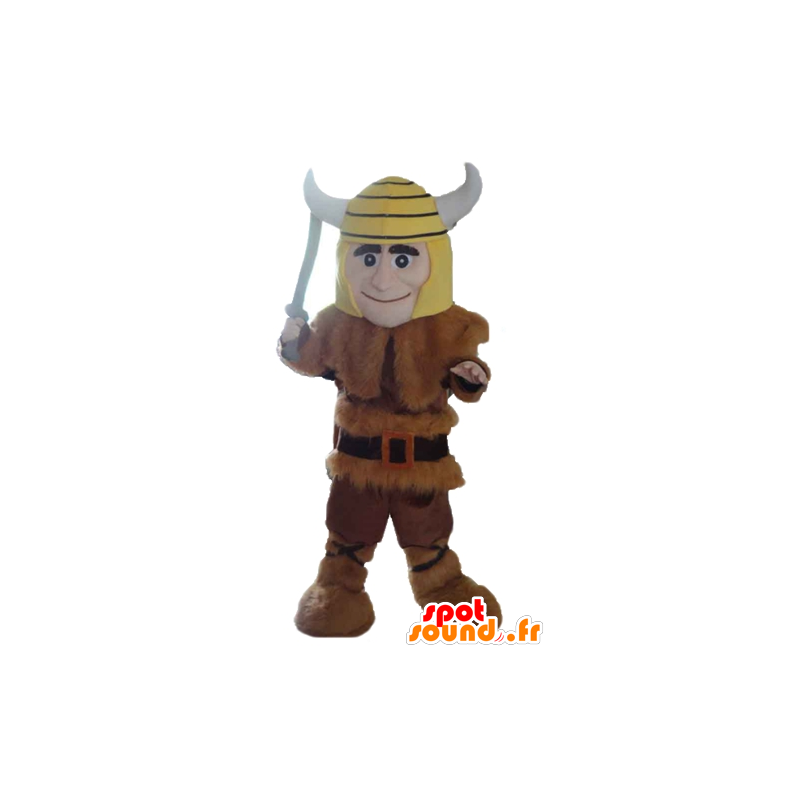 Viking mascote na pele do animal com um capacete amarelo - MASFR24037 - mascotes Soldiers