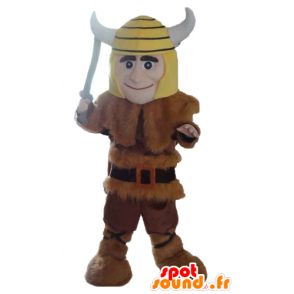 Viking mascote na pele do animal com um capacete amarelo - MASFR24037 - mascotes Soldiers