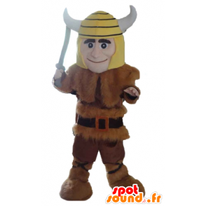 Viking mascotte in dierlijke huid met een gele helm - MASFR24037 - mascottes Soldiers