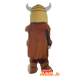 Viking mascot in animal skin with a yellow helmet - MASFR24037 - Mascots of soldiers