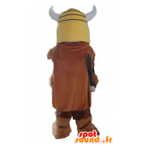 Viking mascote na pele do animal com um capacete amarelo - MASFR24037 - mascotes Soldiers