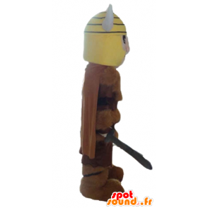 Viking mascotte in dierlijke huid met een gele helm - MASFR24037 - mascottes Soldiers