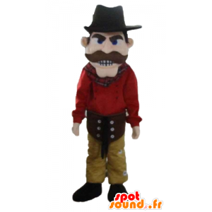 Mascote cowboy vestido de vermelho e amarelo, com um chapéu - MASFR24040 - Mascotes humanos