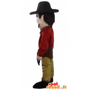 Cowboy maskot kledd i rødt og gult, med en lue - MASFR24040 - menneskelige Maskoter