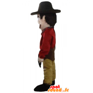 La mascota del vaquero vestido de rojo y amarillo, con un sombrero - MASFR24040 - Mascotas humanas