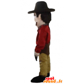 Mascote cowboy vestido de vermelho e amarelo, com um chapéu - MASFR24040 - Mascotes humanos