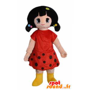 Brunette girl mascot dressed in a red dress with polka dots - MASFR24043 - Mascots boys and girls